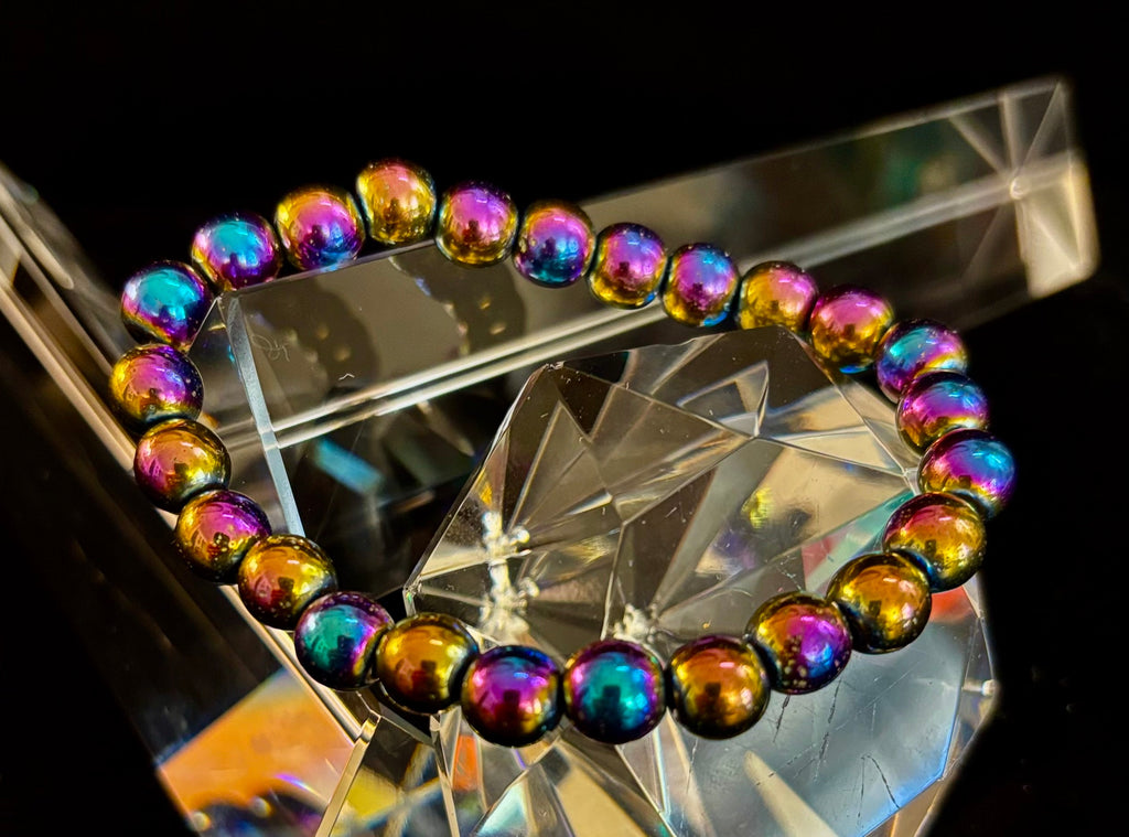 Rainbow Hematite Round Beaded Bracelet – Pride & Strength for Medium or Large Wrists