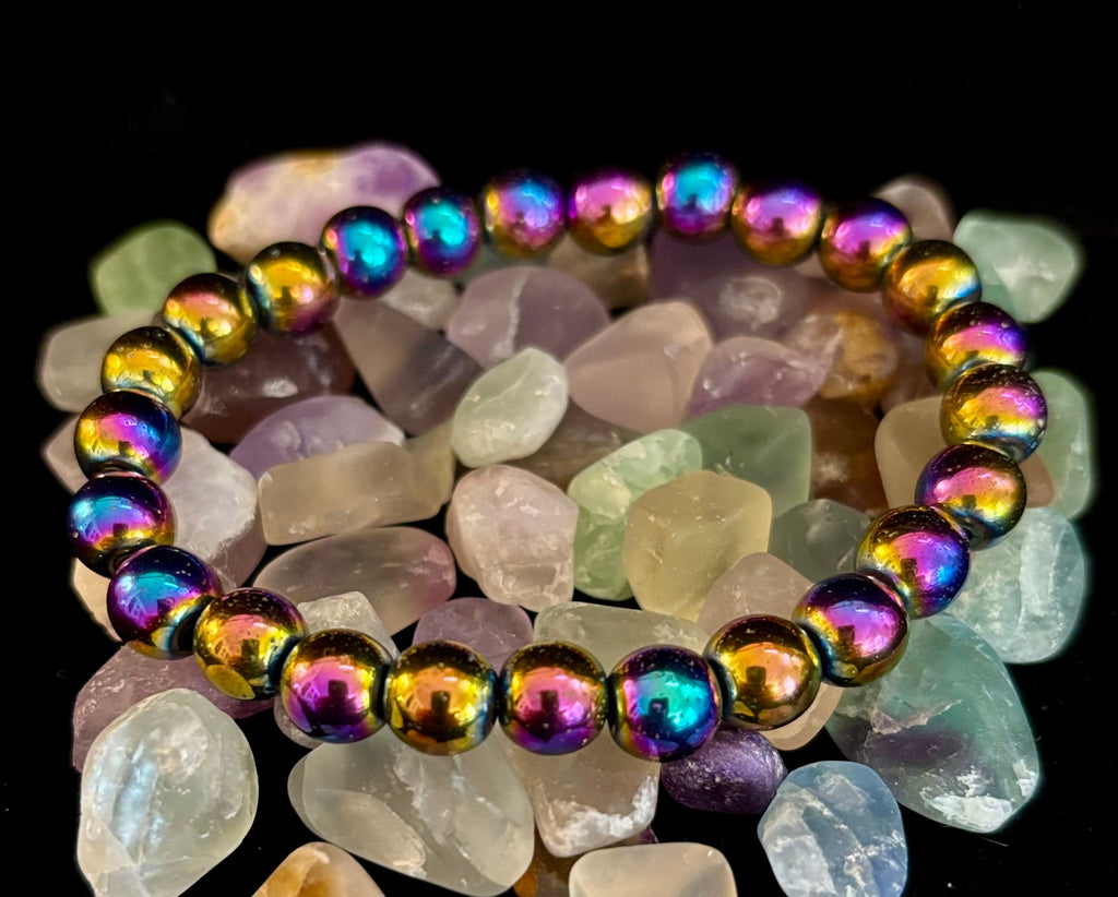 Rainbow Hematite Round Beaded Bracelet – Pride & Strength for Medium or Large Wrists