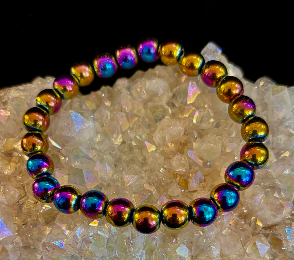 Rainbow Hematite Round Beaded Bracelet – Pride & Strength for Medium or Large Wrists