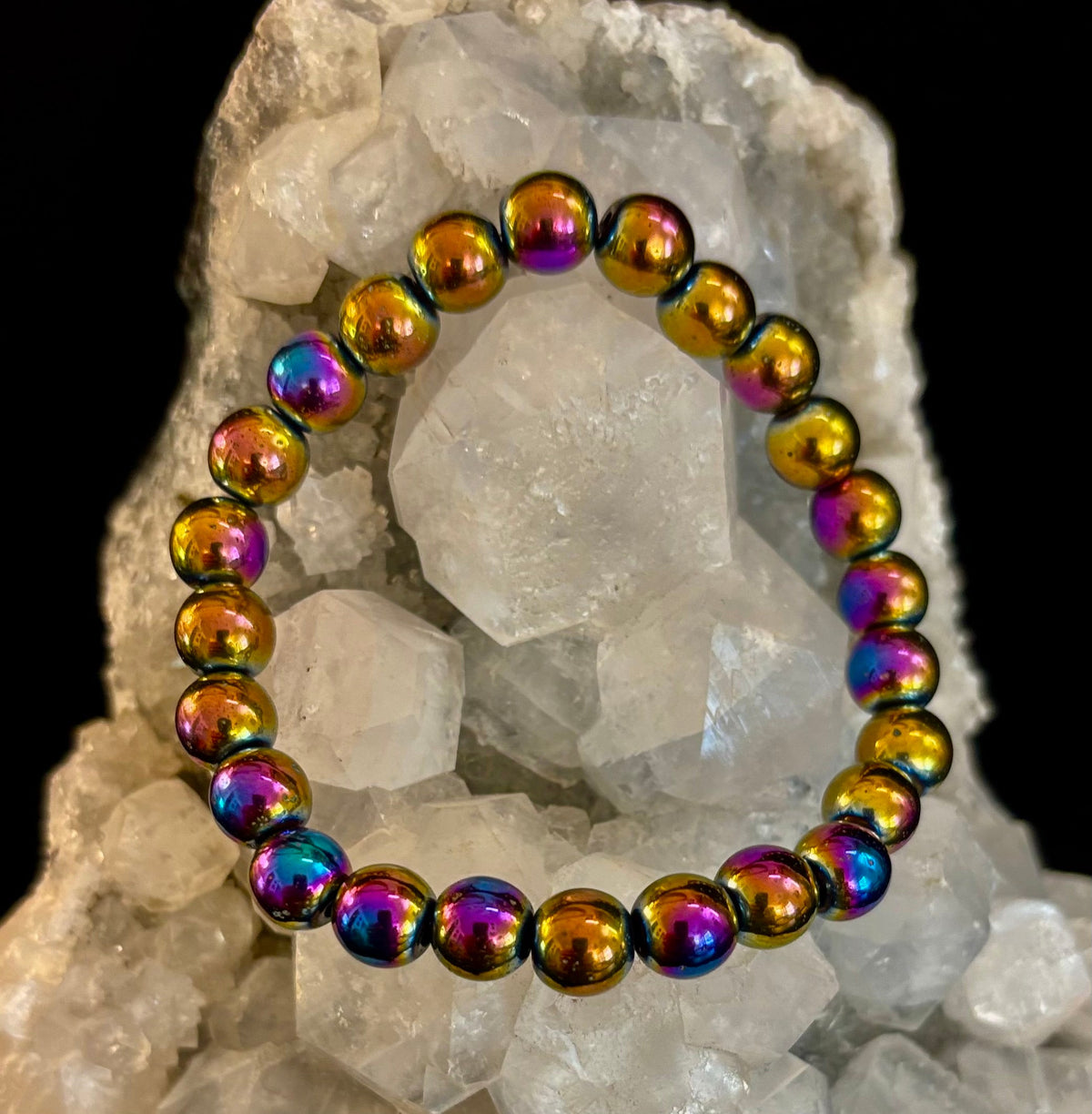 Rainbow Hematite Round Beaded Bracelet – Pride & Strength for Medium or Large Wrists