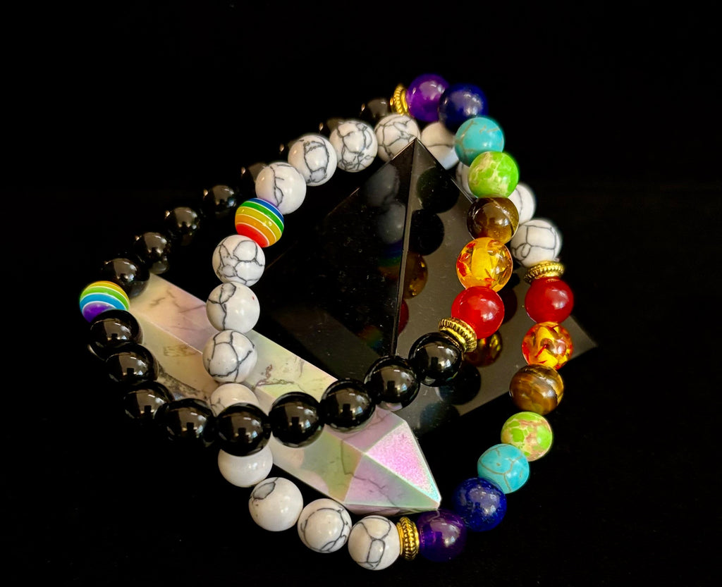 Faux Stone Chakra Bracelets with Pride Bead – White, Black, or Lava Rock