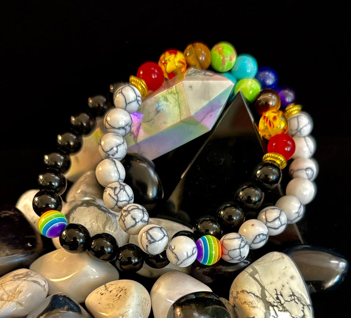 Faux Stone Chakra Bracelets with Pride Bead – White, Black, or Lava Rock