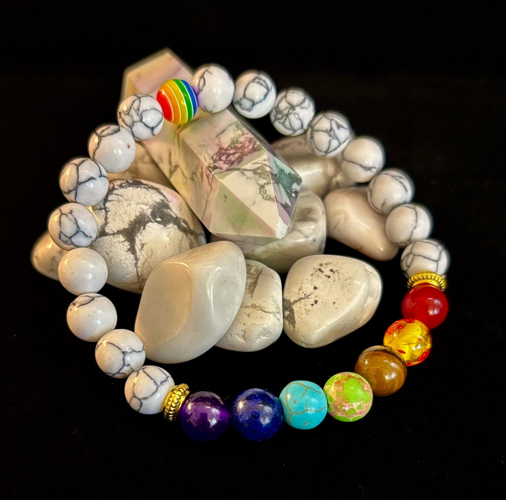 Faux Stone Chakra Bracelets with Pride Bead – White, Black, or Lava Rock