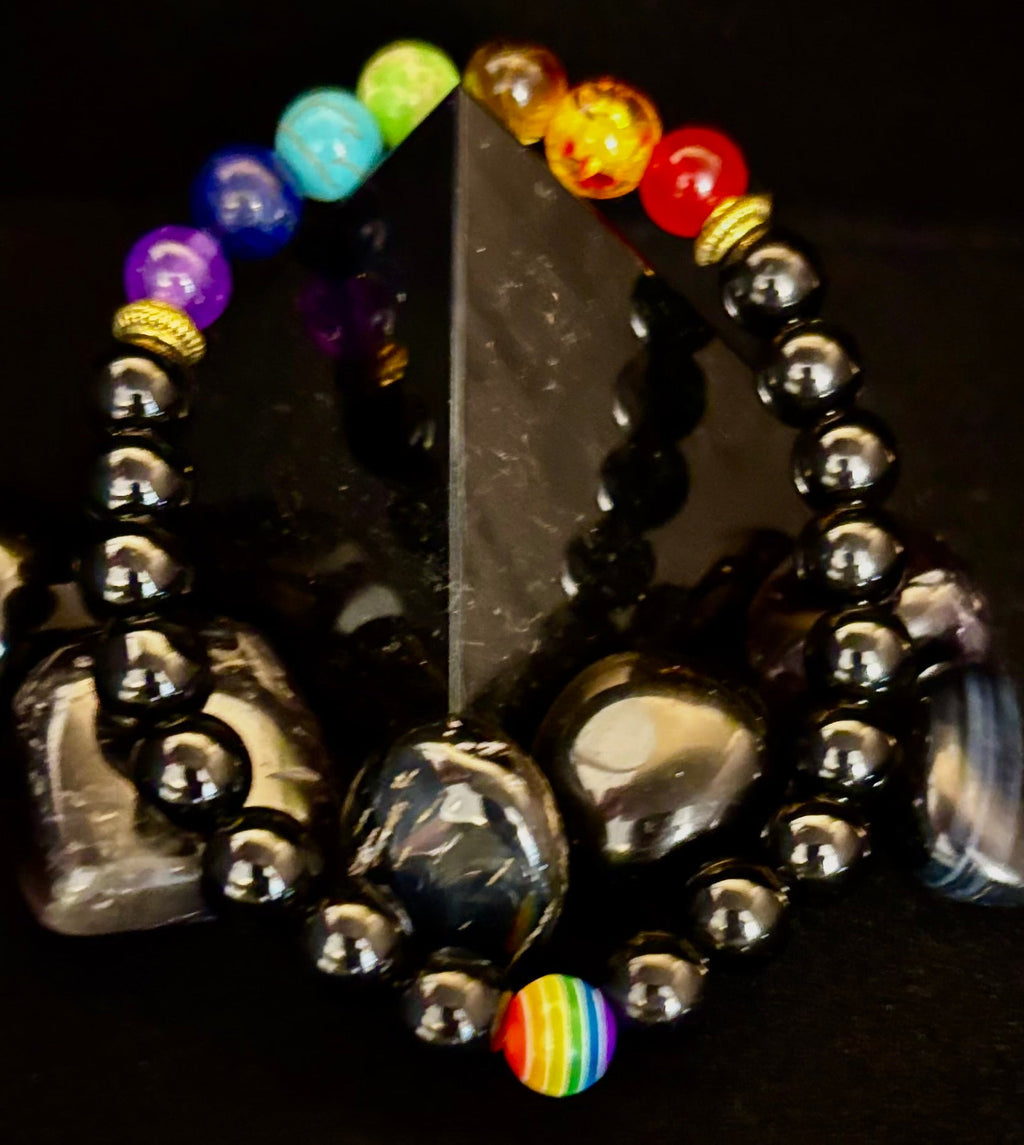 Faux Stone Chakra Bracelets with Pride Bead – White, Black, or Lava Rock