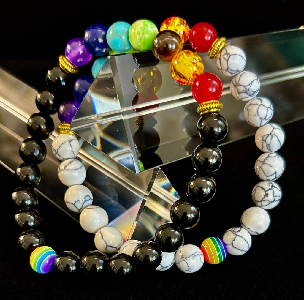 Faux Stone Chakra Bracelets with Pride Bead – White, Black, or Lava Rock