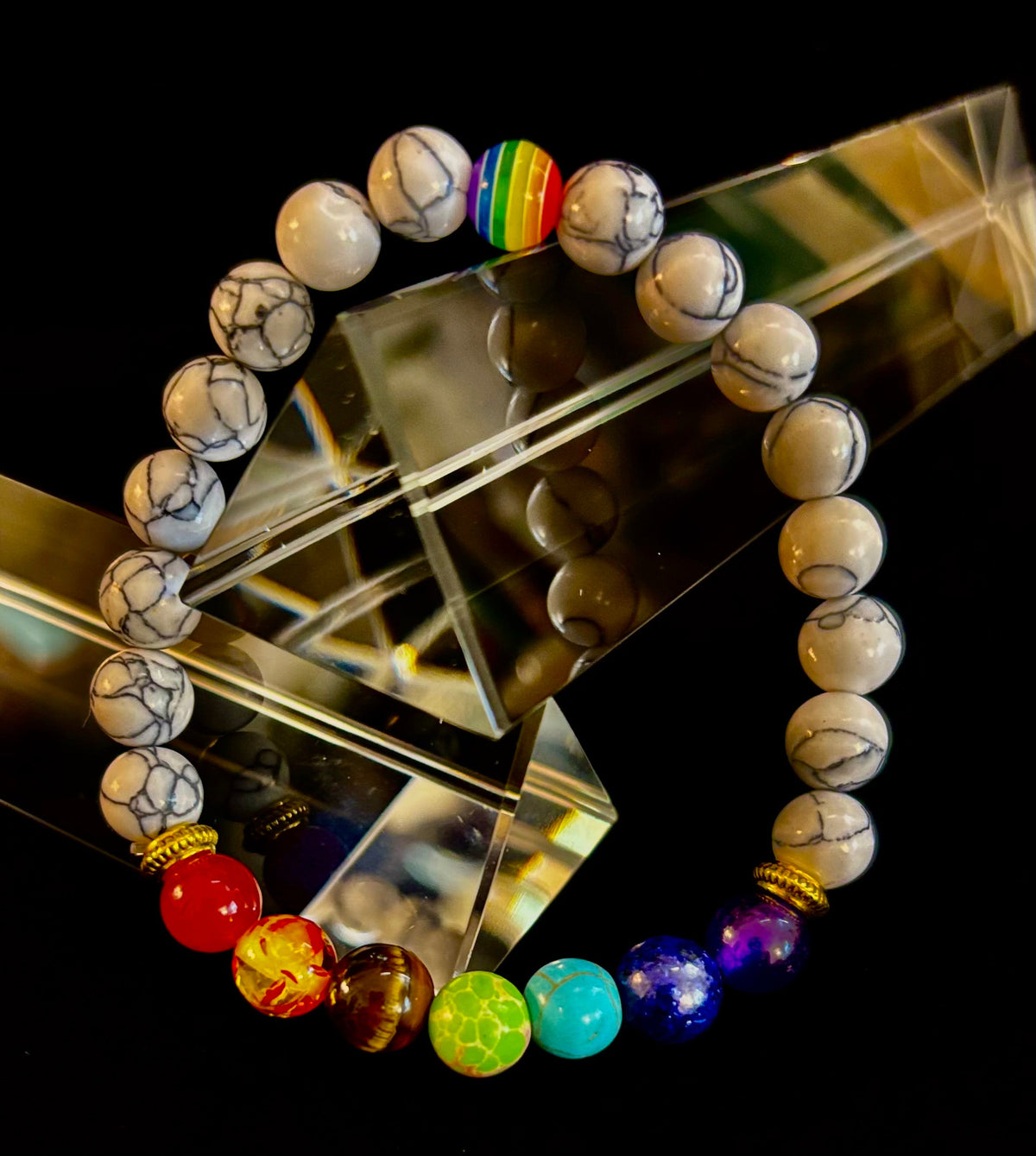 Faux Stone Chakra Bracelets with Pride Bead – White, Black, or Lava Rock