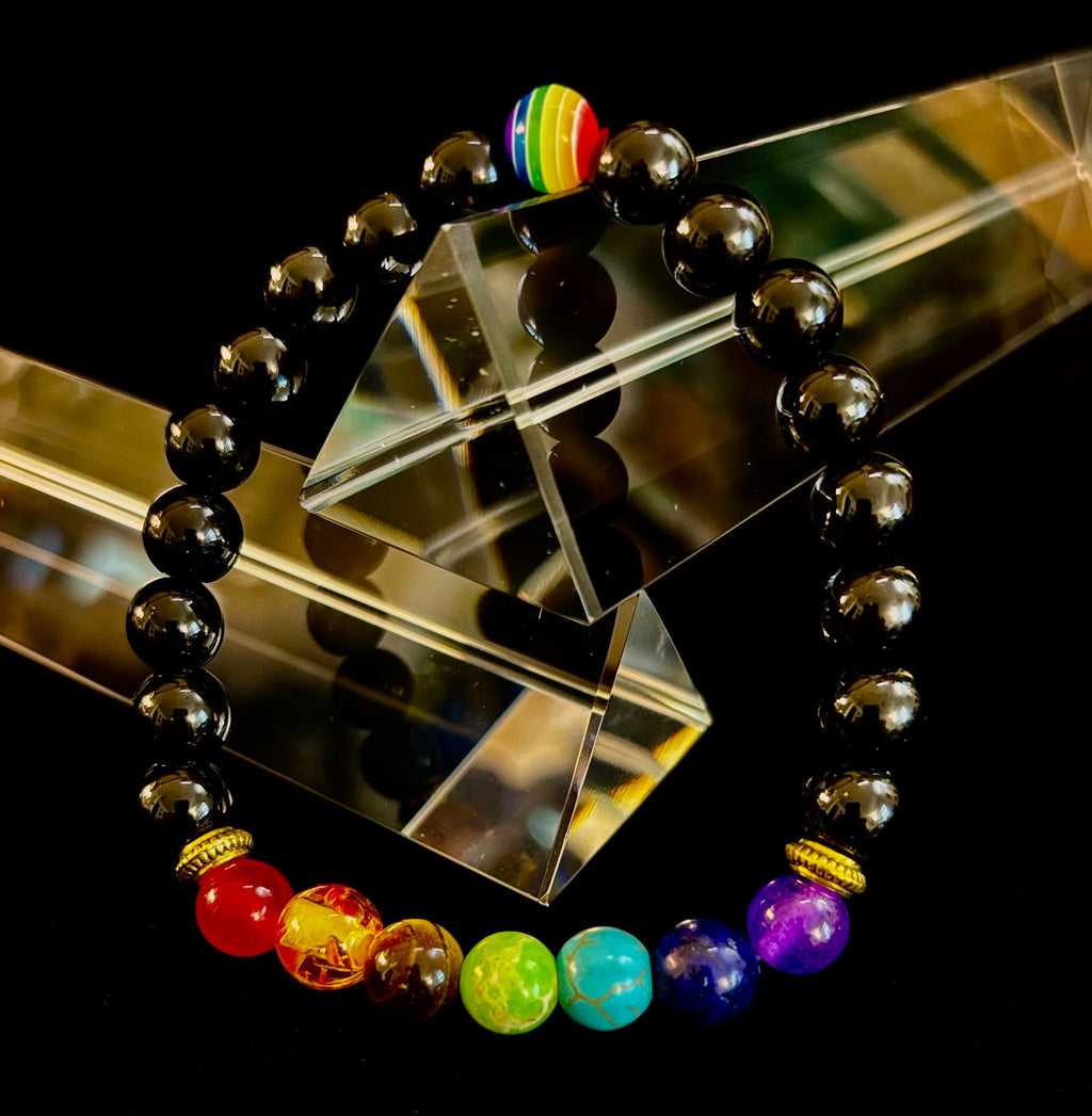 Faux Stone Chakra Bracelets with Pride Bead – White, Black, or Lava Rock