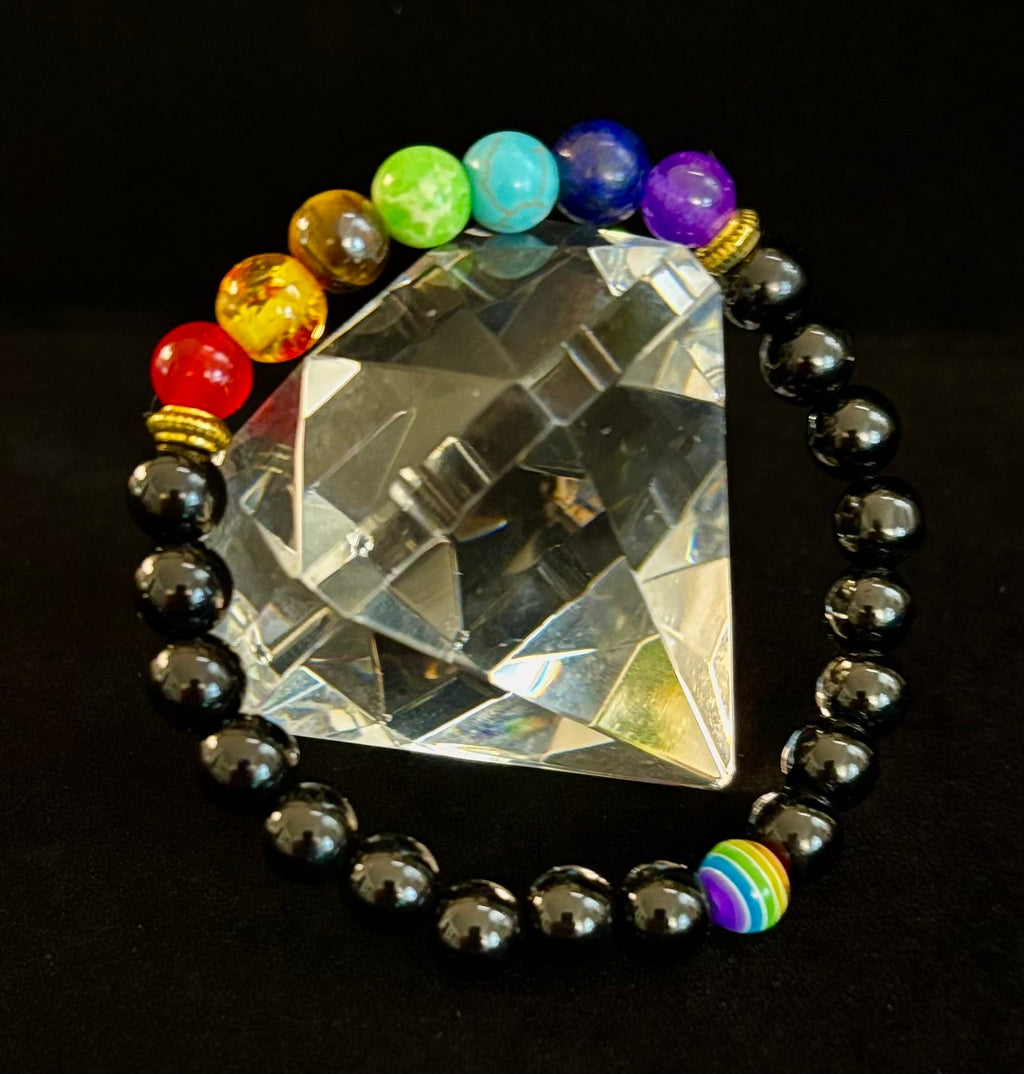 Faux Stone Chakra Bracelets with Pride Bead – White, Black, or Lava Rock
