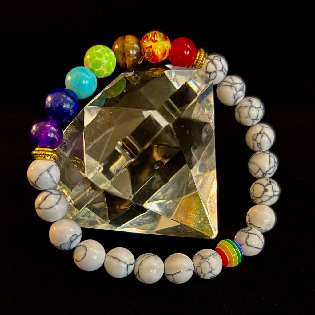 Faux Stone Chakra Bracelets with Pride Bead – White, Black, or Lava Rock