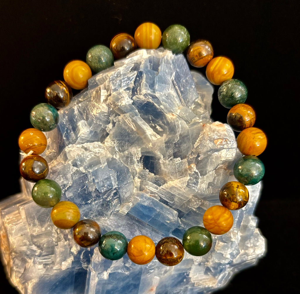 Moss Agate, Yellow Tiger Eye & Wood Jasper Bracelet – 8mm Beads for Large Wrists