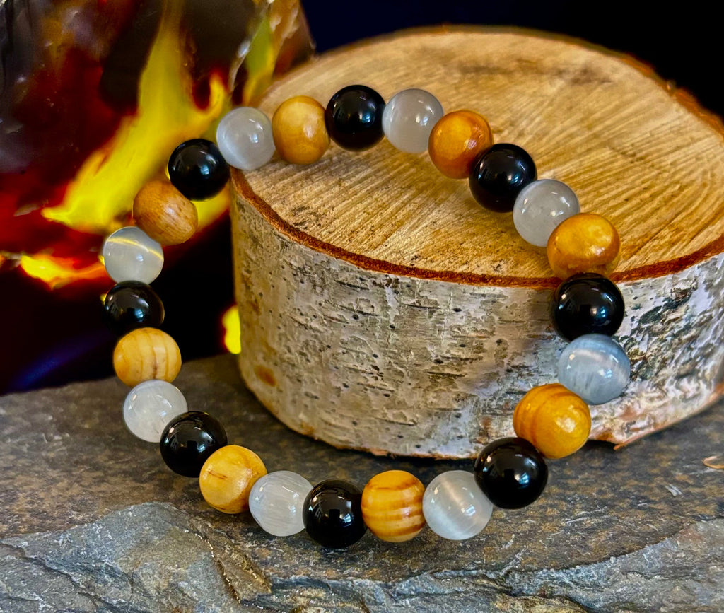 Selenite, Black Tourmaline & Palo Santo Bracelet – Protection & Cleansing for Small Wrists
