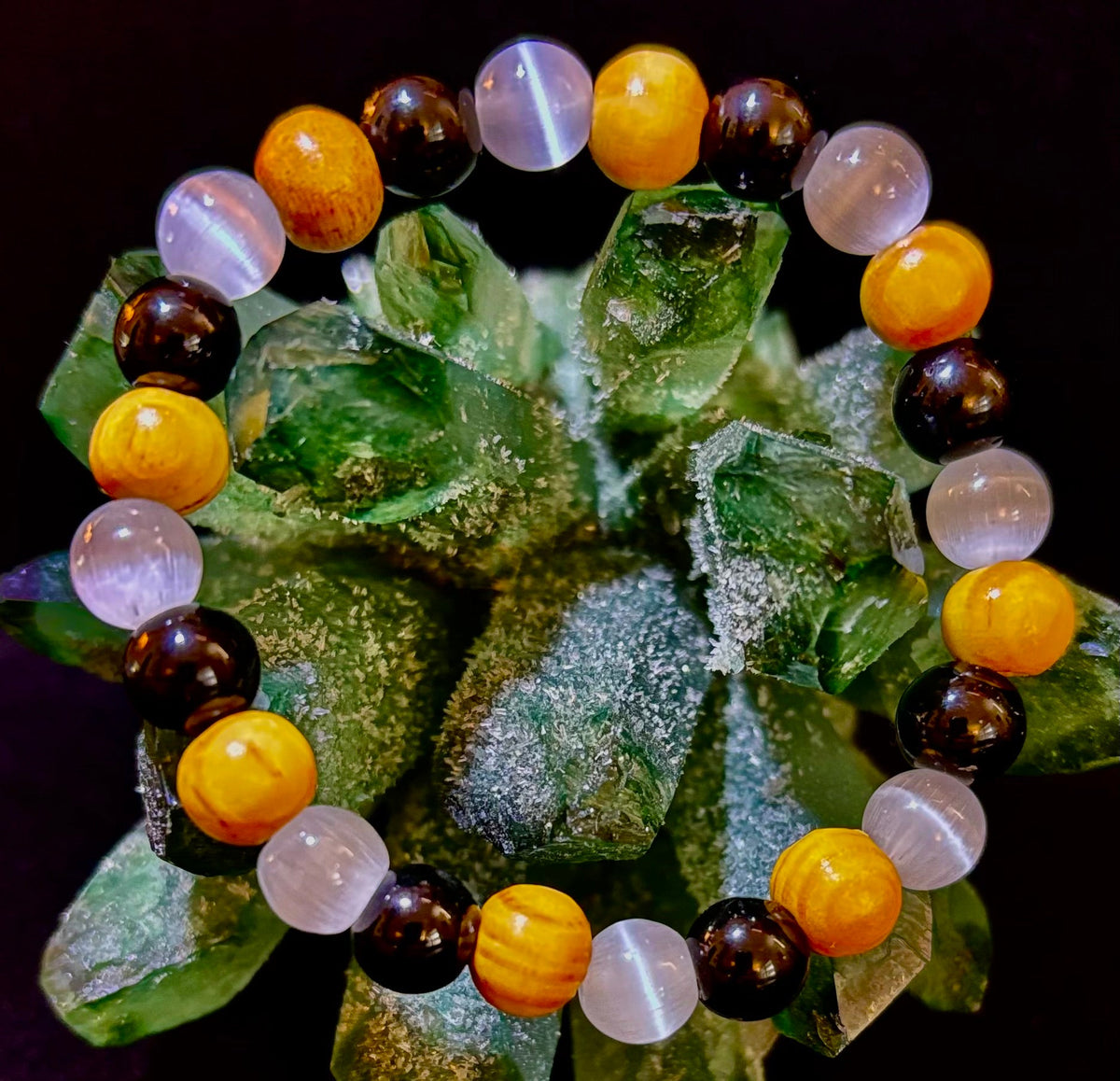 Selenite, Black Tourmaline & Palo Santo Bracelet – Protection & Cleansing for Small Wrists