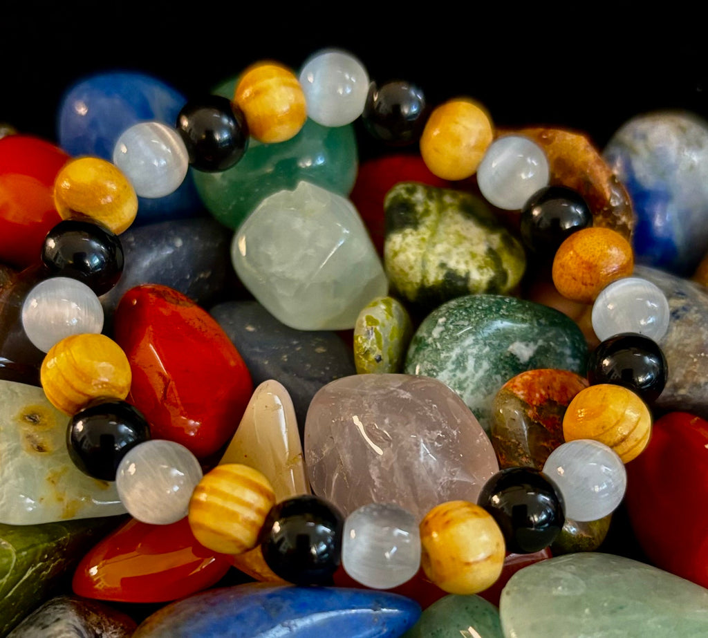 Selenite, Black Tourmaline & Palo Santo Bracelet – Protection & Cleansing for Small Wrists