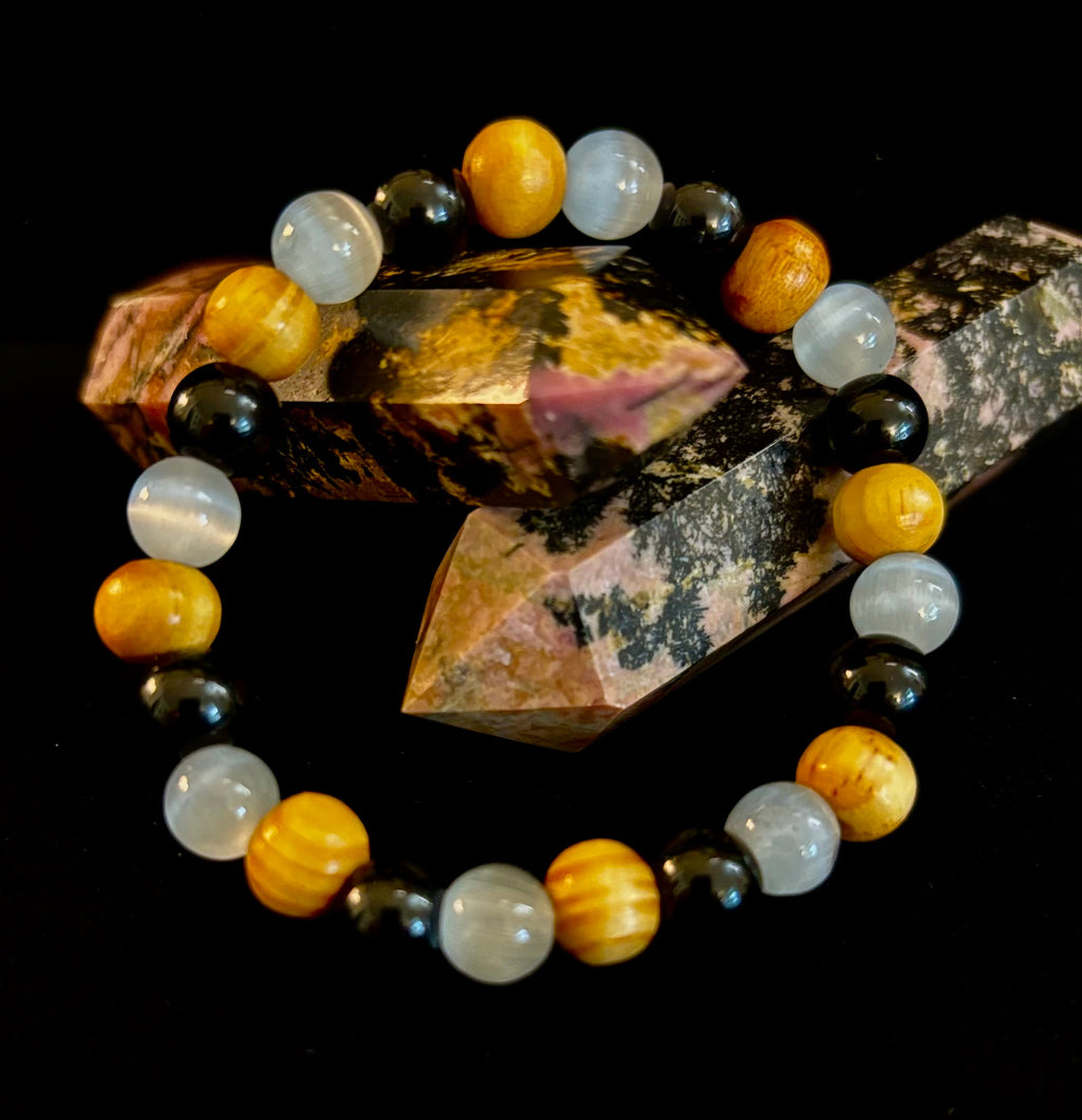 Selenite, Black Tourmaline & Palo Santo Bracelet – Protection & Cleansing for Small Wrists