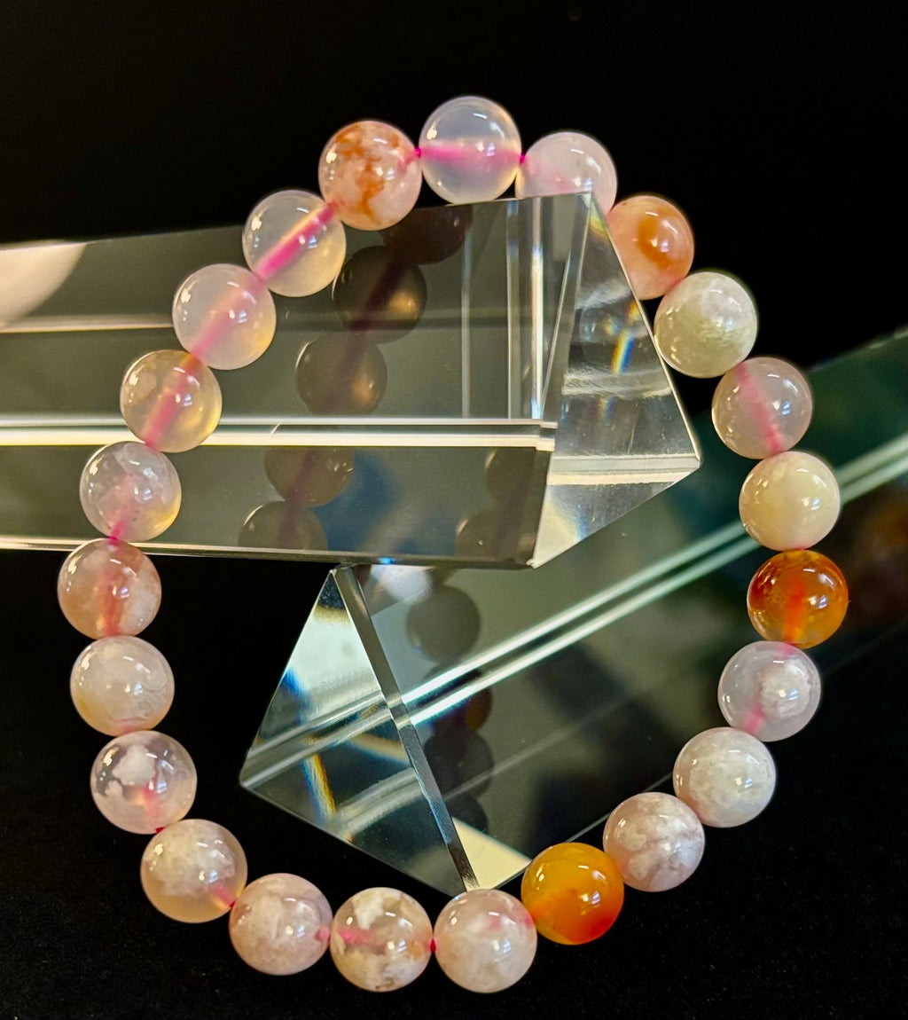 Pink Flower Agate (Cherry Agate) Bracelet – 8mm Beads, Small to Medium Wrists