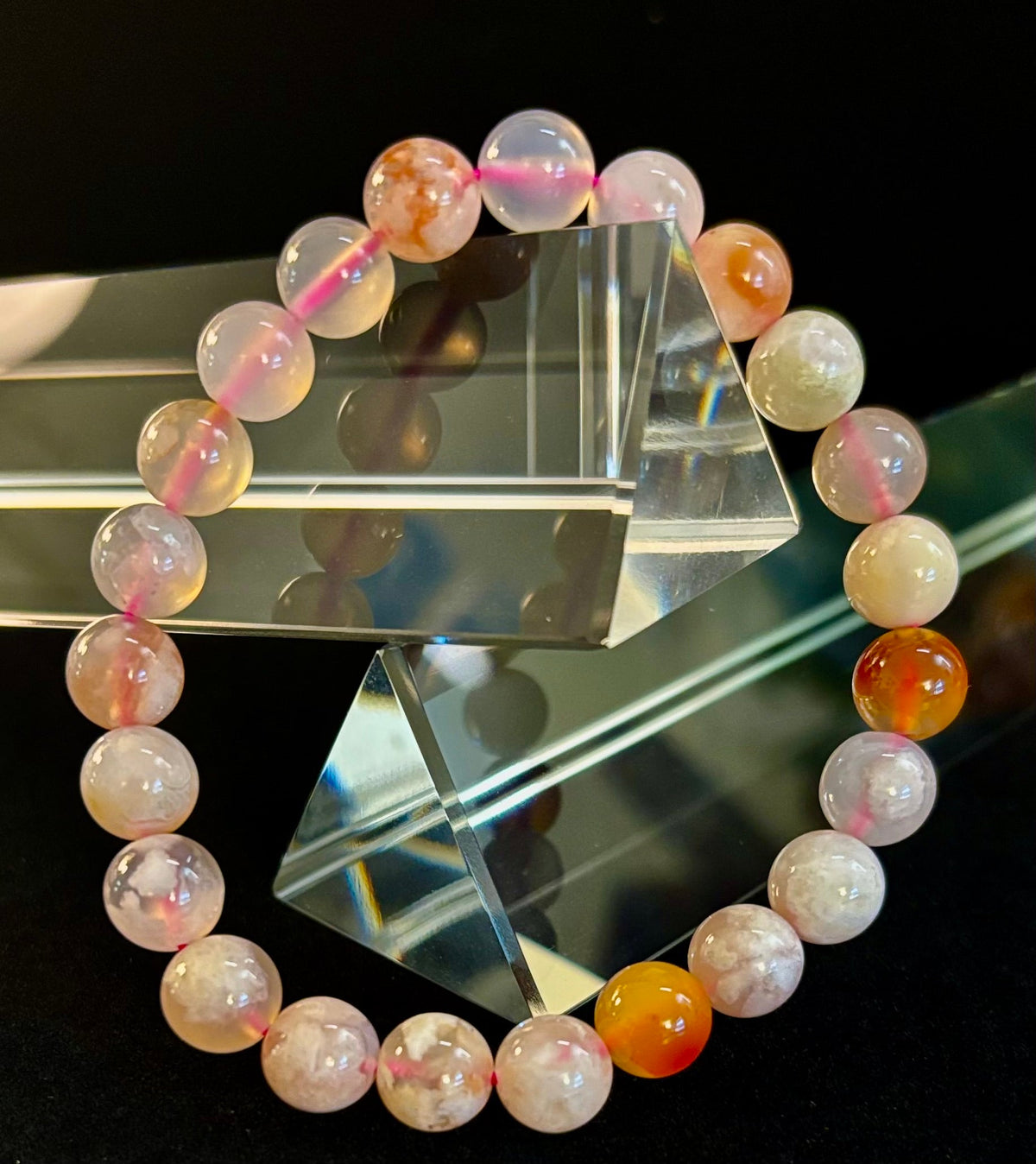 Pink Flower Agate (Cherry Agate) Bracelet – 8mm Beads, Small to Medium Wrists