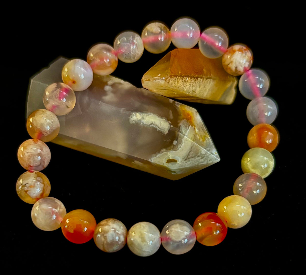Pink Flower Agate (Cherry Agate) Bracelet – 8mm Beads, Small to Medium Wrists