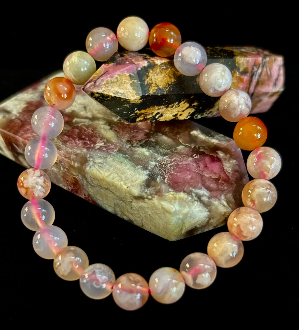 Pink Flower Agate (Cherry Agate) Bracelet – 8mm Beads, Small to Medium Wrists