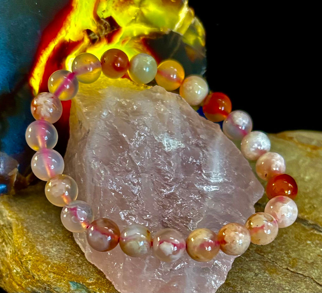 Pink Flower Agate (Cherry Agate) Bracelet – 8mm Beads, Small to Medium Wrists