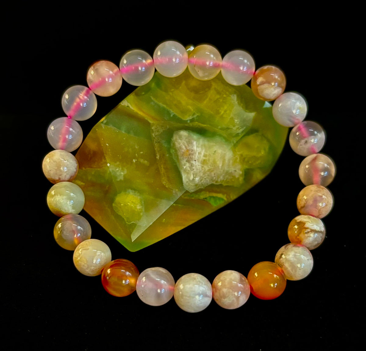 Pink Flower Agate (Cherry Agate) Bracelet – 8mm Beads, Small to Medium Wrists