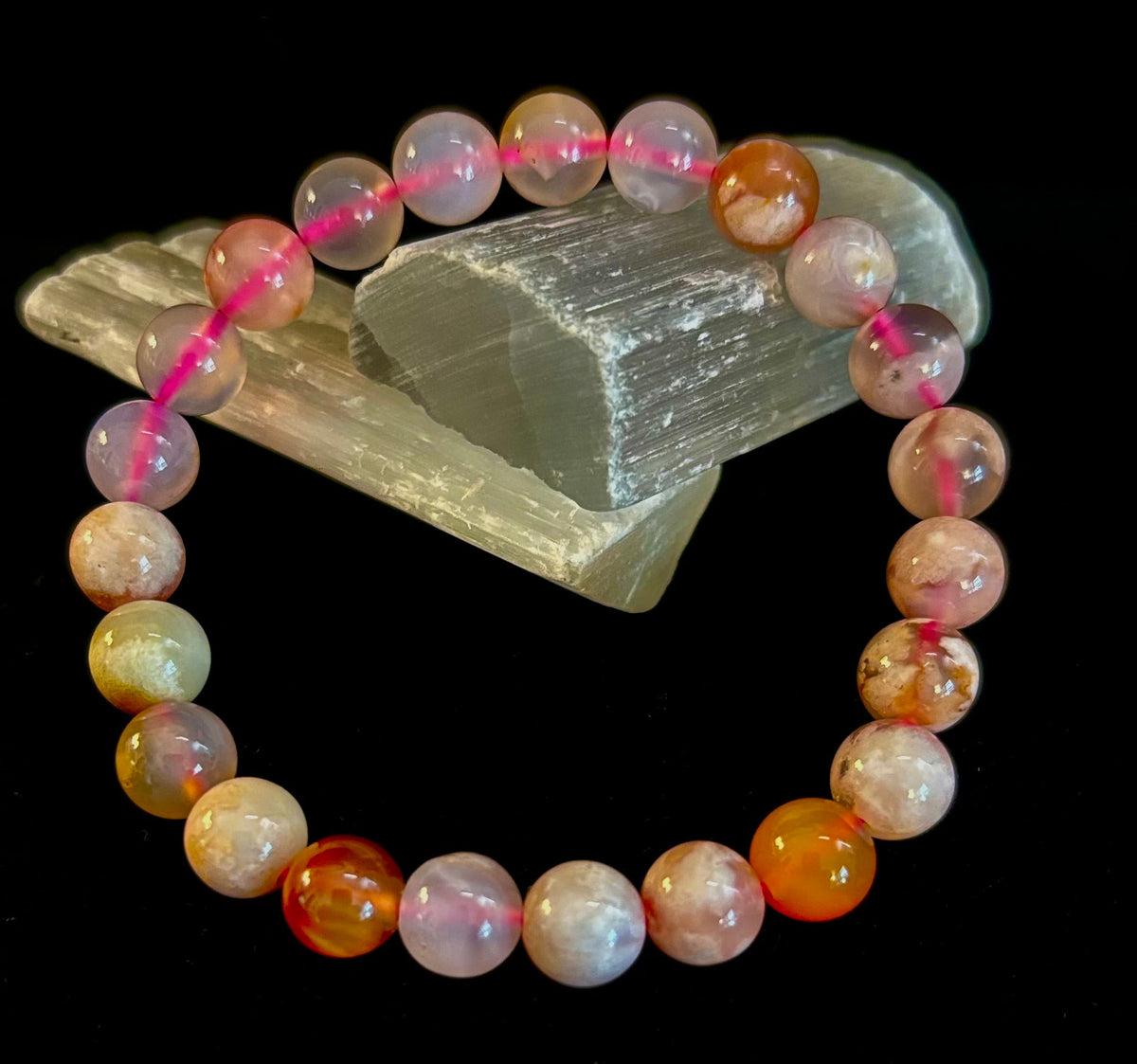 Pink Flower Agate (Cherry Agate) Bracelet – 8mm Beads, Small to Medium Wrists