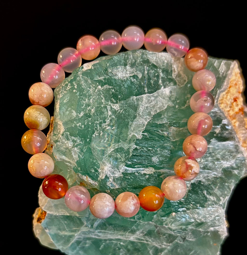 Pink Flower Agate (Cherry Agate) Bracelet – 8mm Beads, Small to Medium Wrists