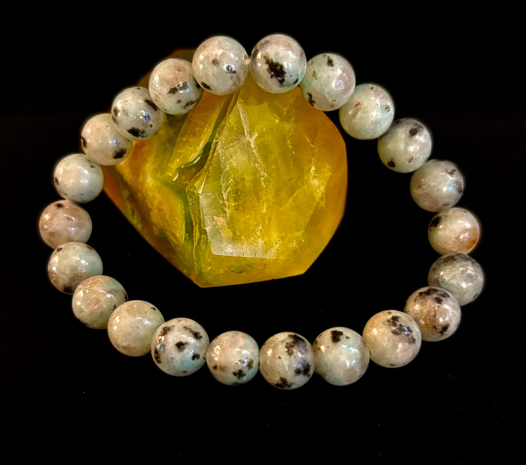 Reiki-Infused Natural Sesame Kiwi Jasper Bracelet for Joy, Nurturing Balance & Emotional Strength (8mm)