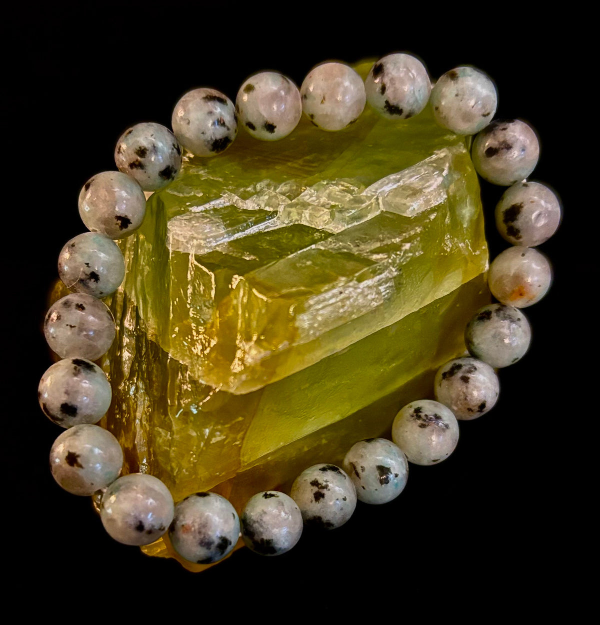 Reiki-Infused Natural Sesame Kiwi Jasper Bracelet for Joy, Nurturing Balance & Emotional Strength (8mm)