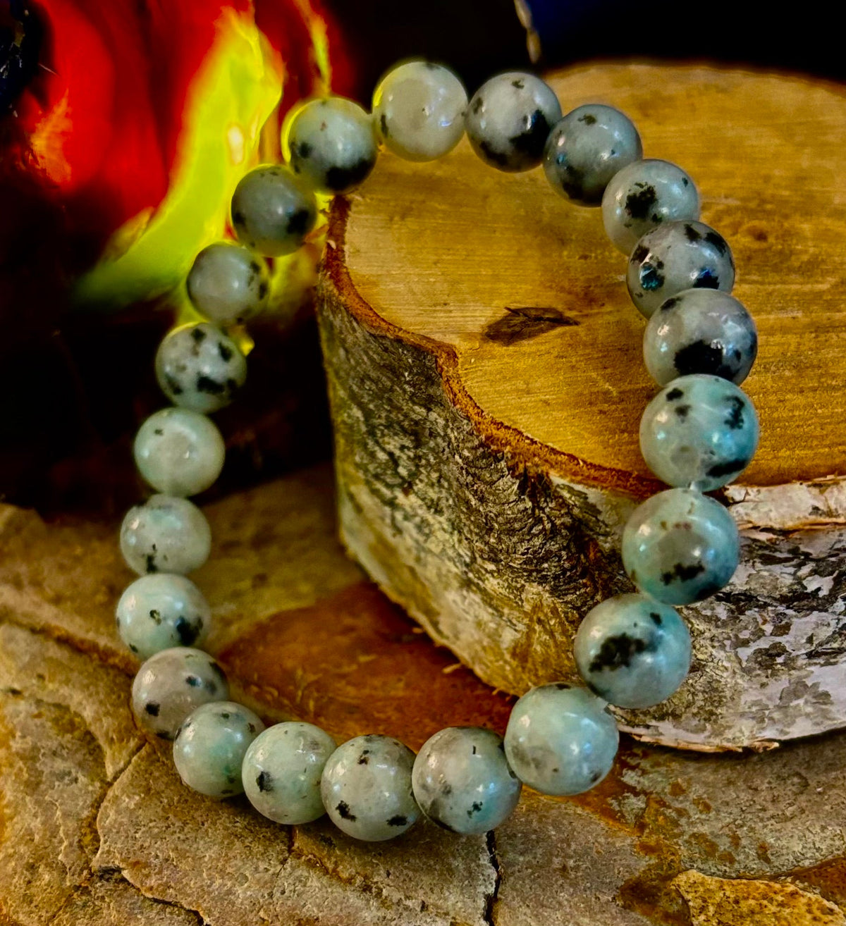 Reiki-Infused Natural Sesame Kiwi Jasper Bracelet for Joy, Nurturing Balance & Emotional Strength (8mm)