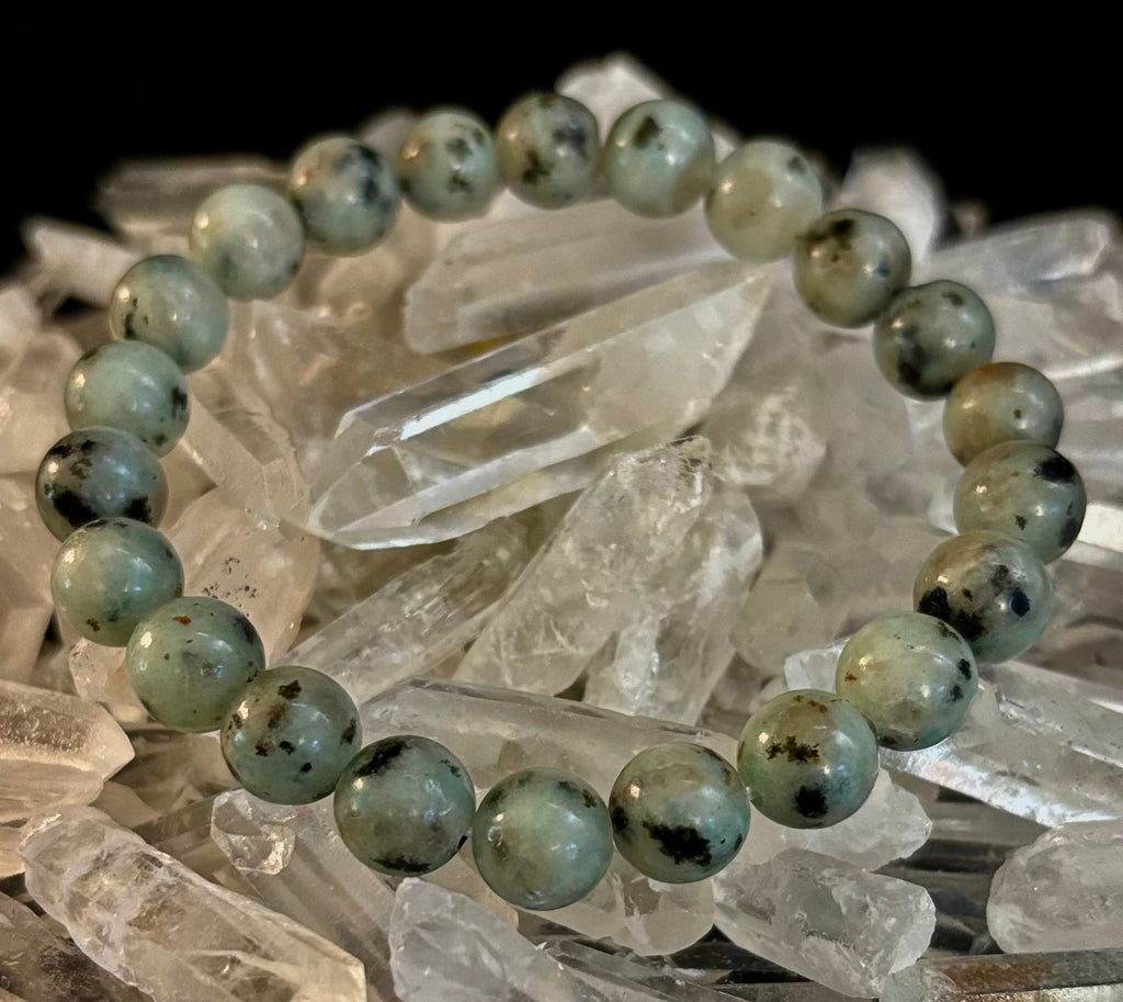 Reiki-Infused Natural Sesame Kiwi Jasper Bracelet for Joy, Nurturing Balance & Emotional Strength (8mm)