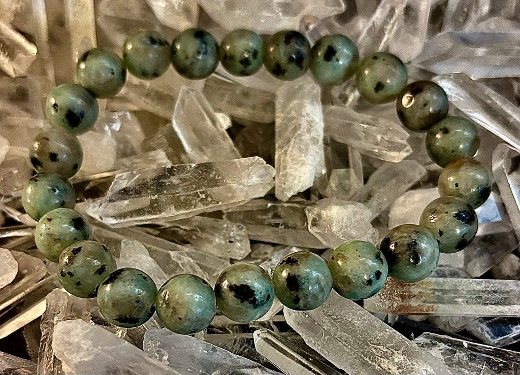 Reiki-Infused Natural Sesame Kiwi Jasper Bracelet for Joy, Nurturing Balance & Emotional Strength (8mm)