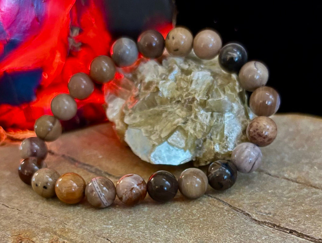 Reiki-Infused Natural Petrified Wood Bracelet for Deep Grounding, Wisdom & Ancient Stability (8mm)