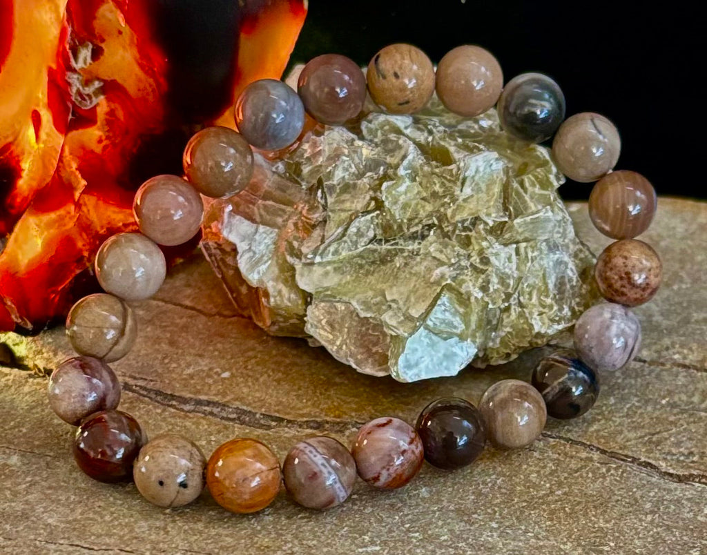Reiki-Infused Natural Petrified Wood Bracelet for Deep Grounding, Wisdom & Ancient Stability (8mm)