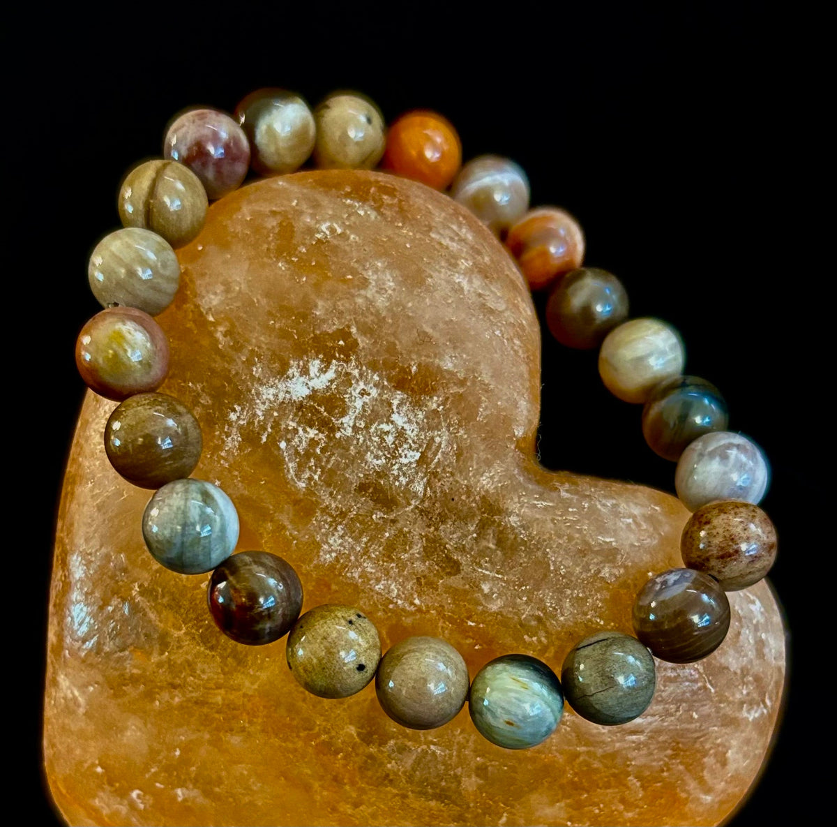Reiki-Infused Natural Petrified Wood Bracelet for Deep Grounding, Wisdom & Ancient Stability (8mm)