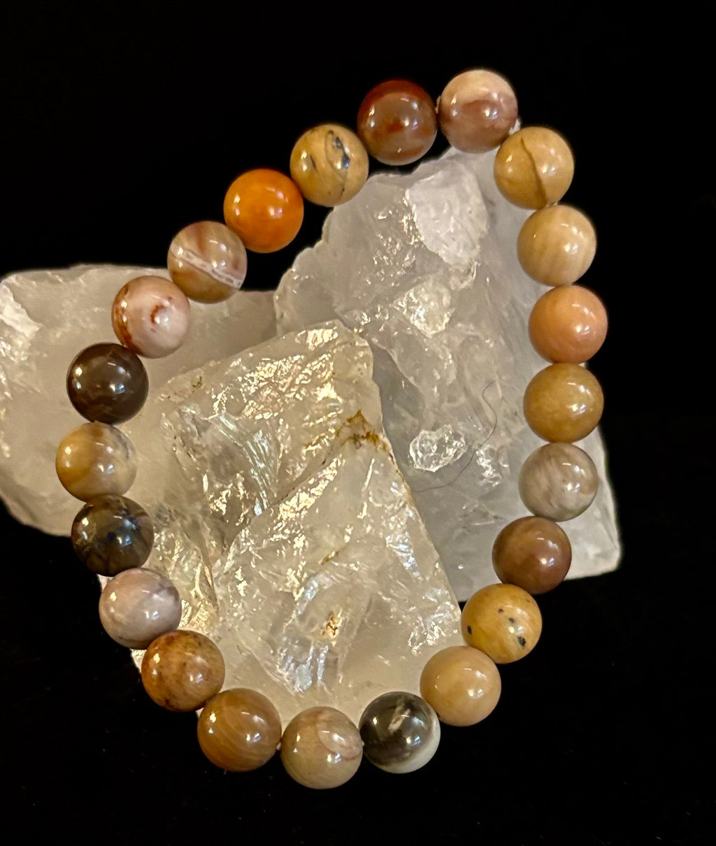 Reiki-Infused Natural Petrified Wood Bracelet for Deep Grounding, Wisdom & Ancient Stability (8mm)