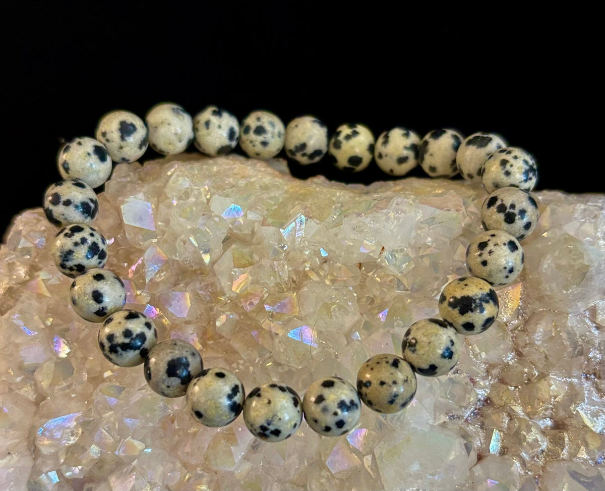 Reiki-Infused Natural Dalmatian Jasper Bracelet for Grounding, Inner Child Joy & Overthinking Relief (8mm, 10mm & 12mm)