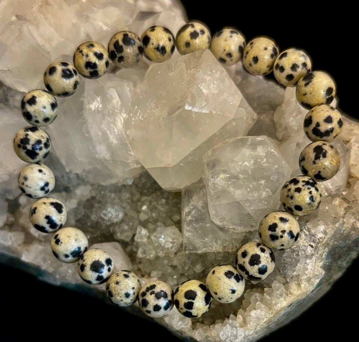 Reiki-Infused Natural Dalmatian Jasper Bracelet for Grounding, Inner Child Joy & Overthinking Relief (8mm, 10mm & 12mm)