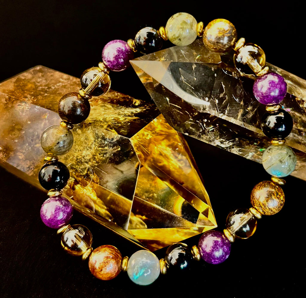 Reiki-Infused Mystic Energy Bracelet with Labradorite, Amethyst, Smoky Quartz, Black Onyx & Tiger’s Eye (8mm)