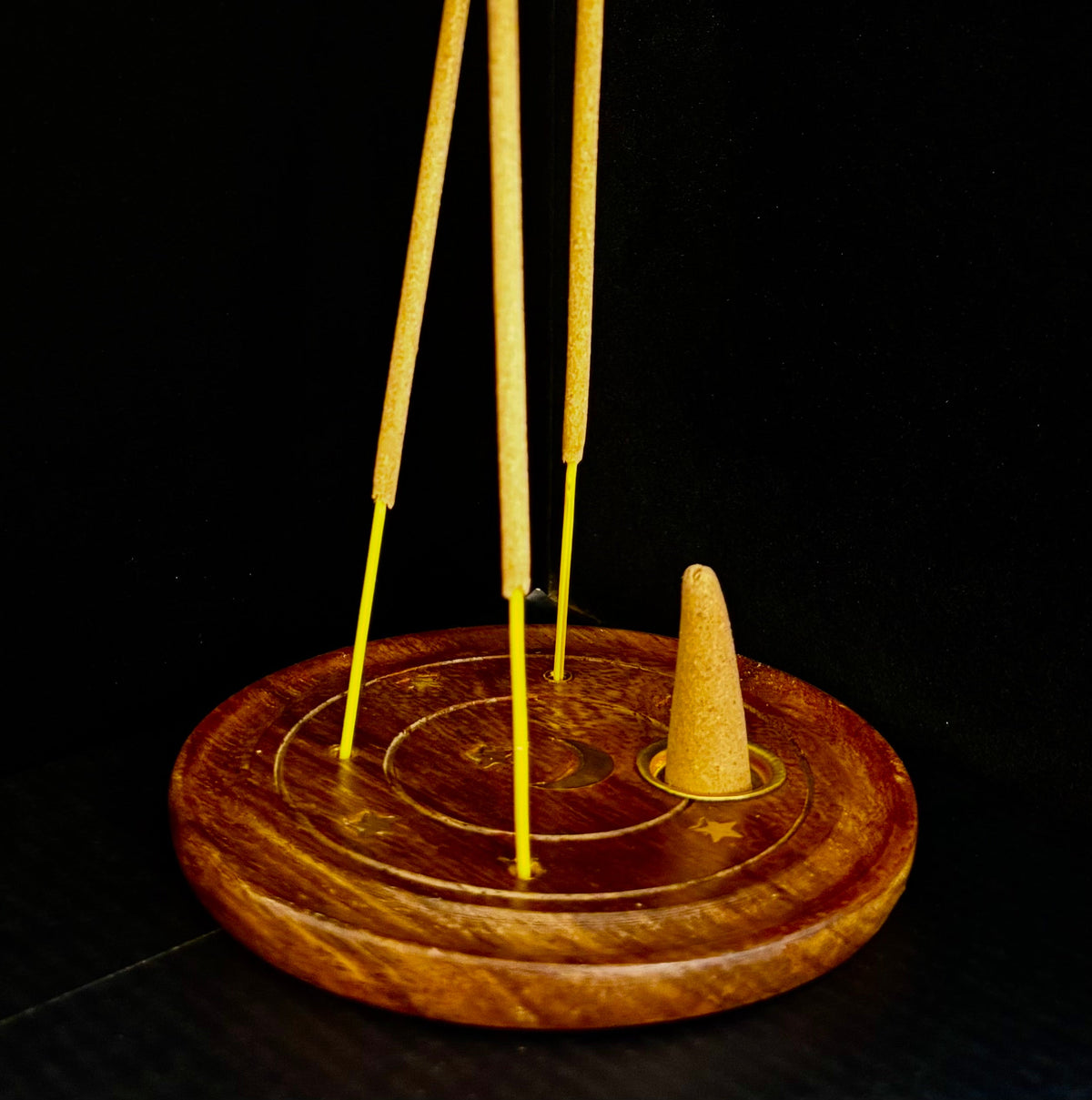 Handcrafted Moon & Stars Incense Burner | Round Wood Cone & Stick Holder from India