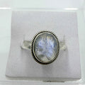 Sterling Silver Rainbow Moonstone Rope Bezel Ring – Size 10 – Intuition, Inner Harmony & New Beginnings