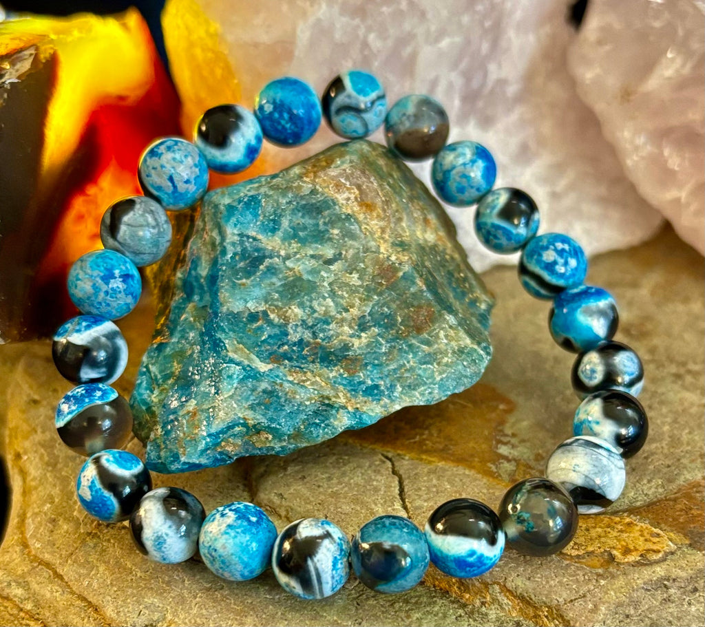 Reiki-Infused Blue Fire Agate Bracelet for Deep Calm, Emotional Balance & Throat Chakra Alignment (8mm)