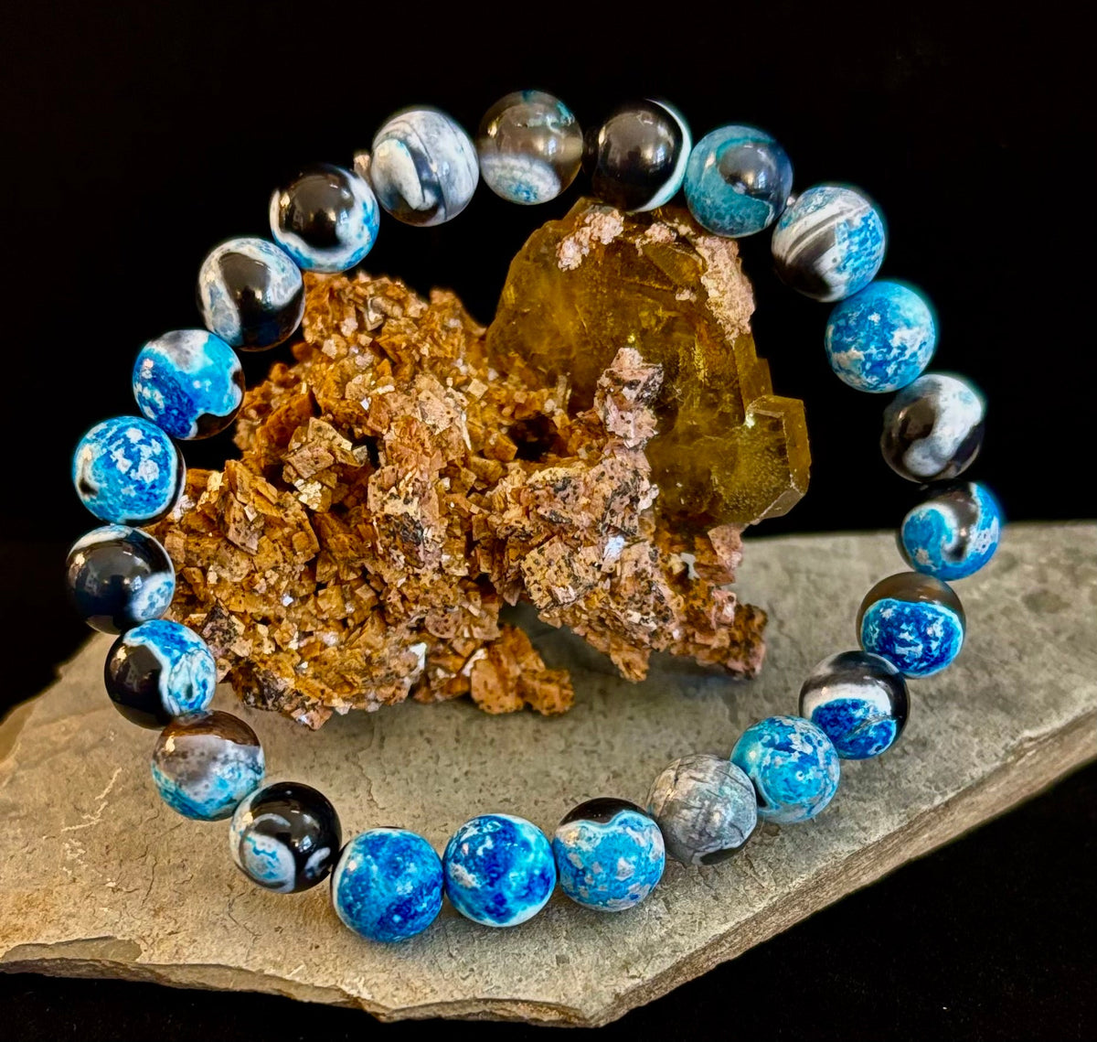 Reiki-Infused Blue Fire Agate Bracelet for Deep Calm, Emotional Balance & Throat Chakra Alignment (8mm)