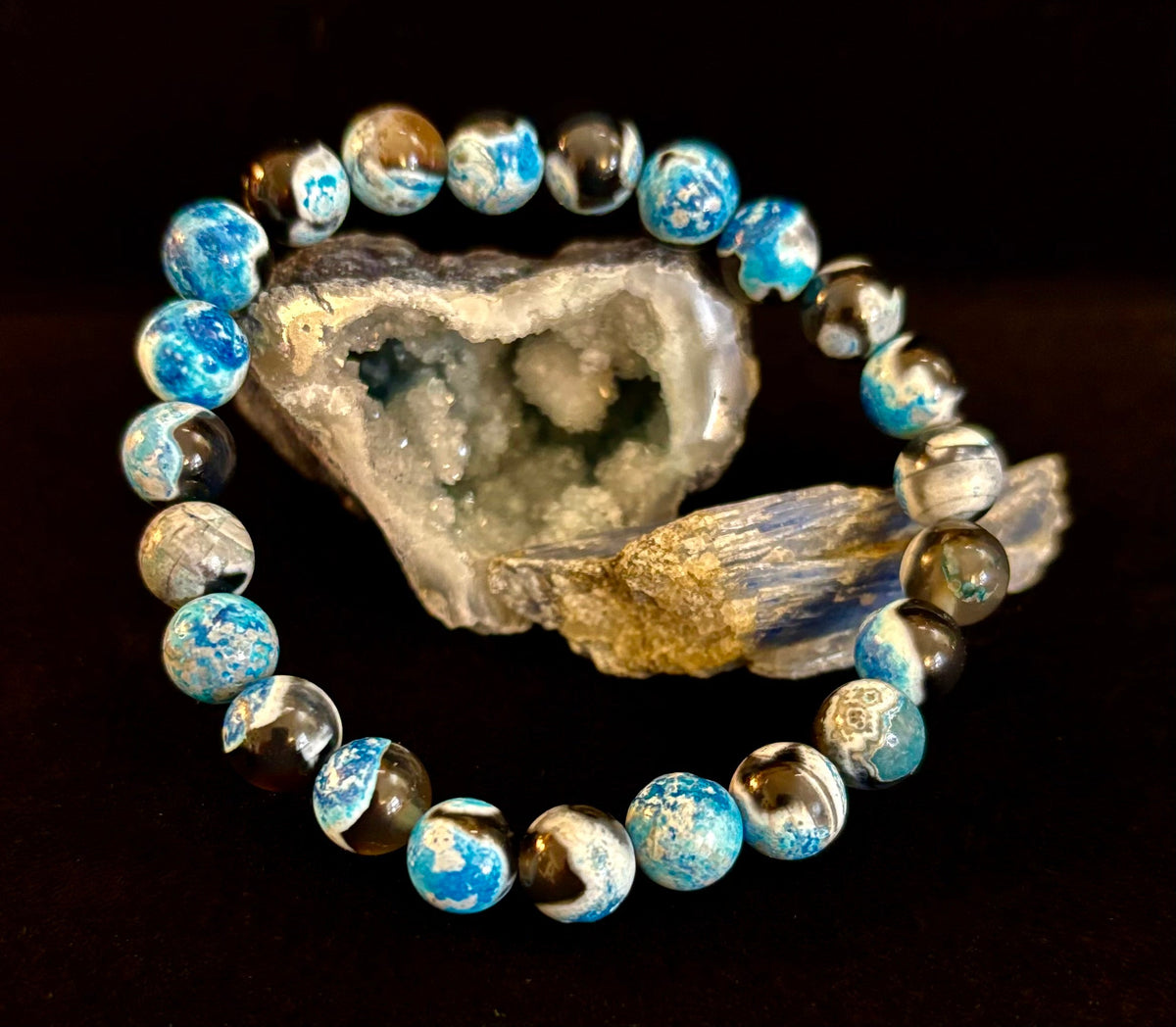 Reiki-Infused Blue Fire Agate Bracelet for Deep Calm, Emotional Balance & Throat Chakra Alignment (8mm)