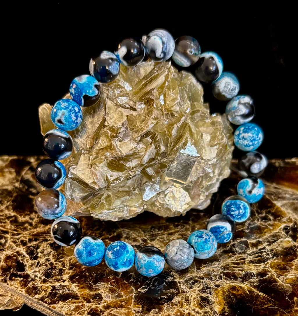 Reiki-Infused Blue Fire Agate Bracelet for Deep Calm, Emotional Balance & Throat Chakra Alignment (8mm)