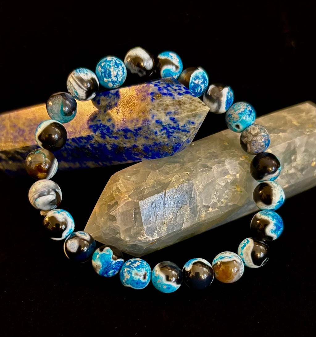 Reiki-Infused Blue Fire Agate Bracelet for Deep Calm, Emotional Balance & Throat Chakra Alignment (8mm)