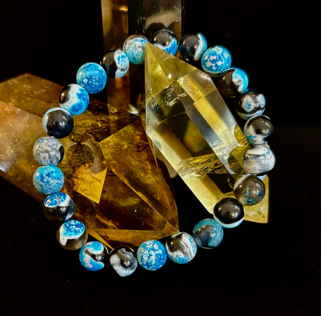 Reiki-Infused Blue Fire Agate Bracelet for Deep Calm, Emotional Balance & Throat Chakra Alignment (8mm)