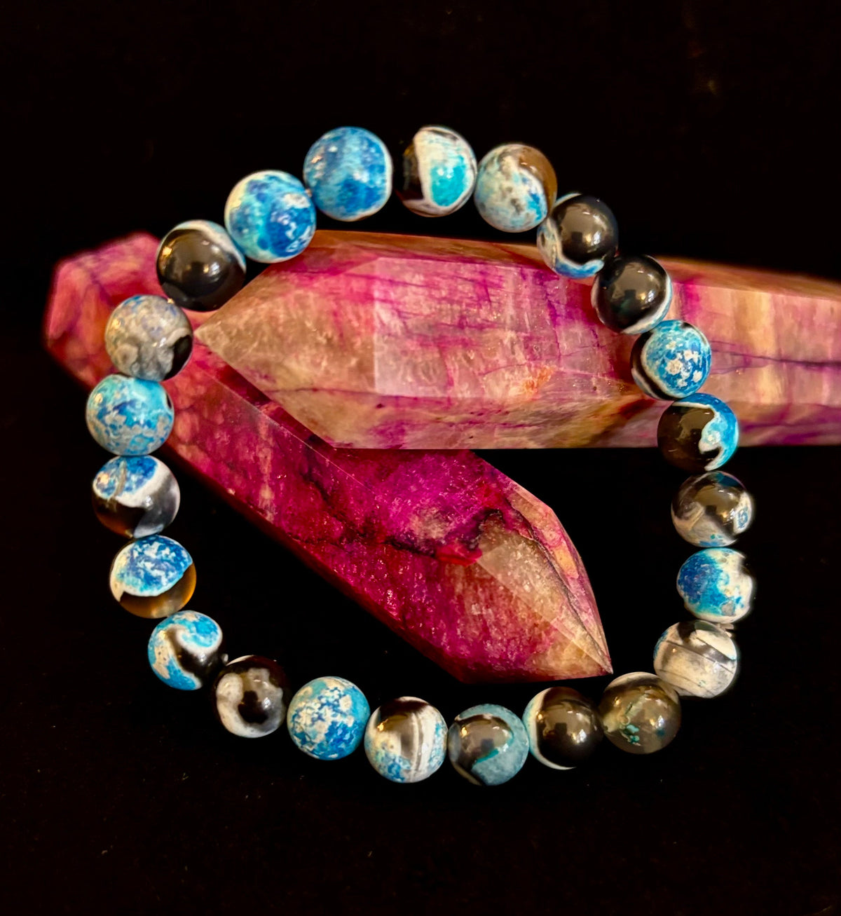 Reiki-Infused Blue Fire Agate Bracelet for Deep Calm, Emotional Balance & Throat Chakra Alignment (8mm)