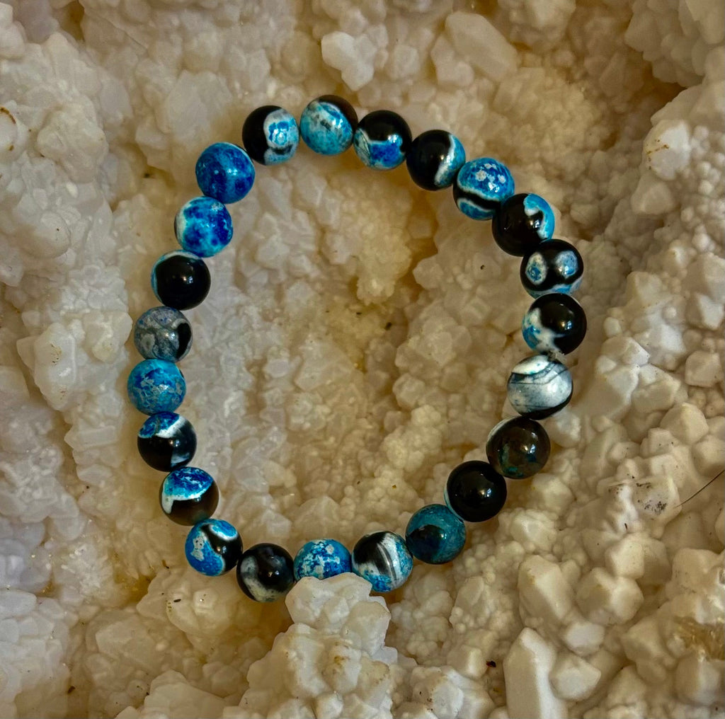 Reiki-Infused Blue Fire Agate Bracelet for Deep Calm, Emotional Balance & Throat Chakra Alignment (8mm)