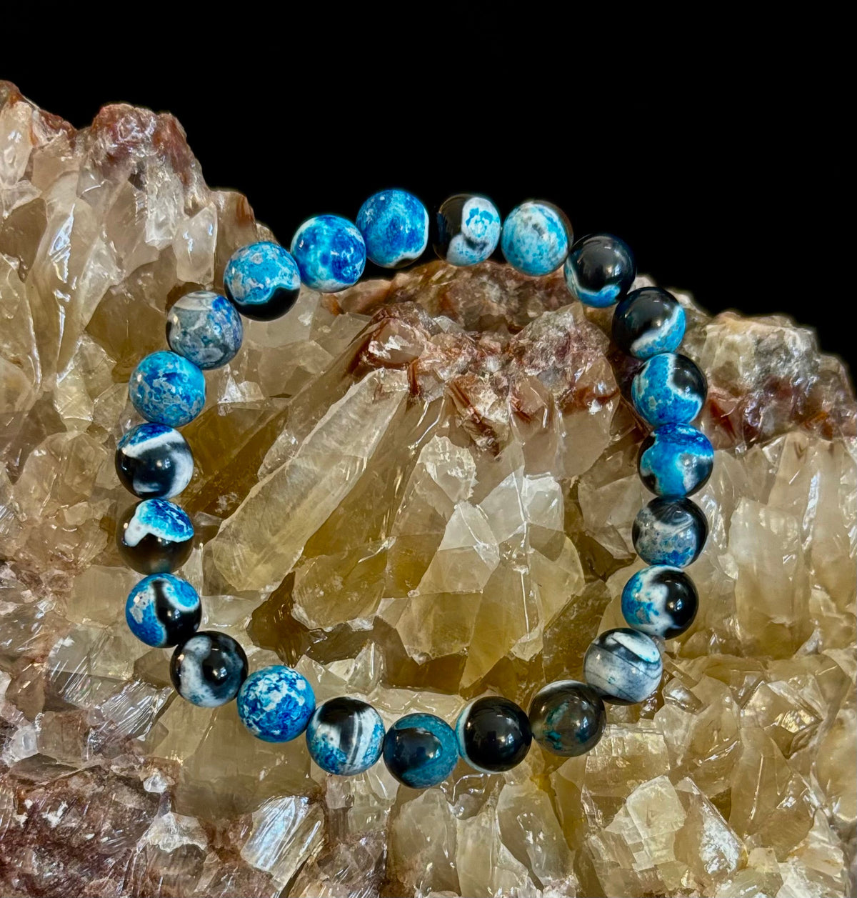 Reiki-Infused Blue Fire Agate Bracelet for Deep Calm, Emotional Balance & Throat Chakra Alignment (8mm)