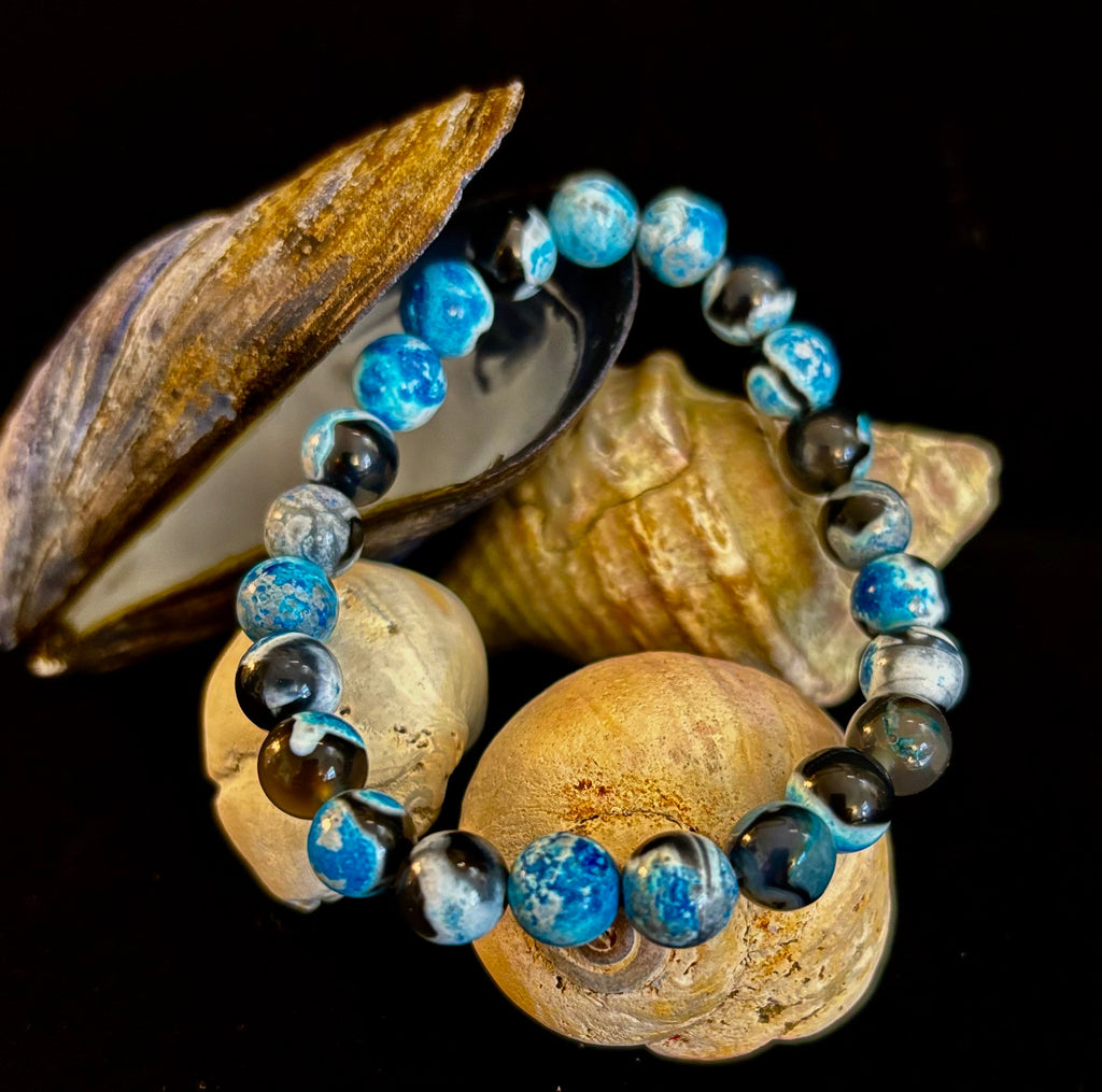 Reiki-Infused Blue Fire Agate Bracelet for Deep Calm, Emotional Balance & Throat Chakra Alignment (8mm)